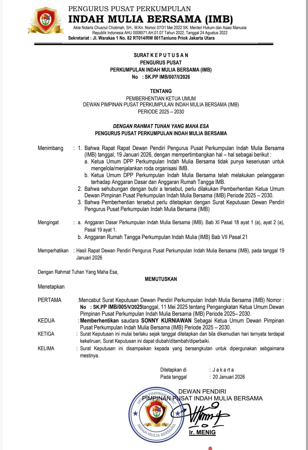 Pendiri Indah Mulia Bersama (IMB) Berhentikan Ketum DPP